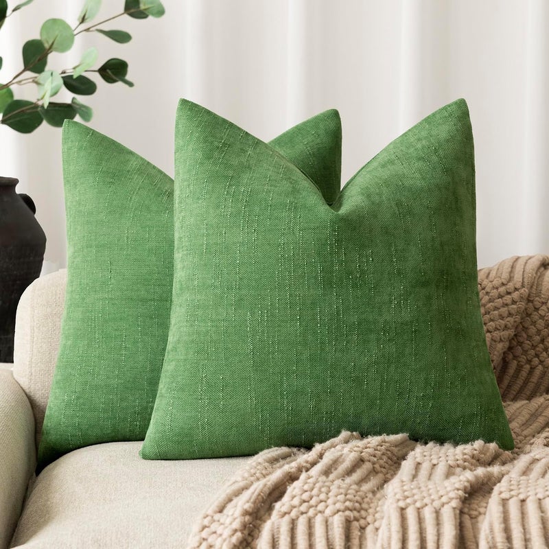 Foindtower Pack of 2 Soft Textured Chenille Throw Decorative Pillow Covers Square Accent Solid Cushion Cover Cozy Neutral Farmhouse Pillow Case for Couch Sofa Bed Living Room 26x26 Inch,Forest Green - Image 1