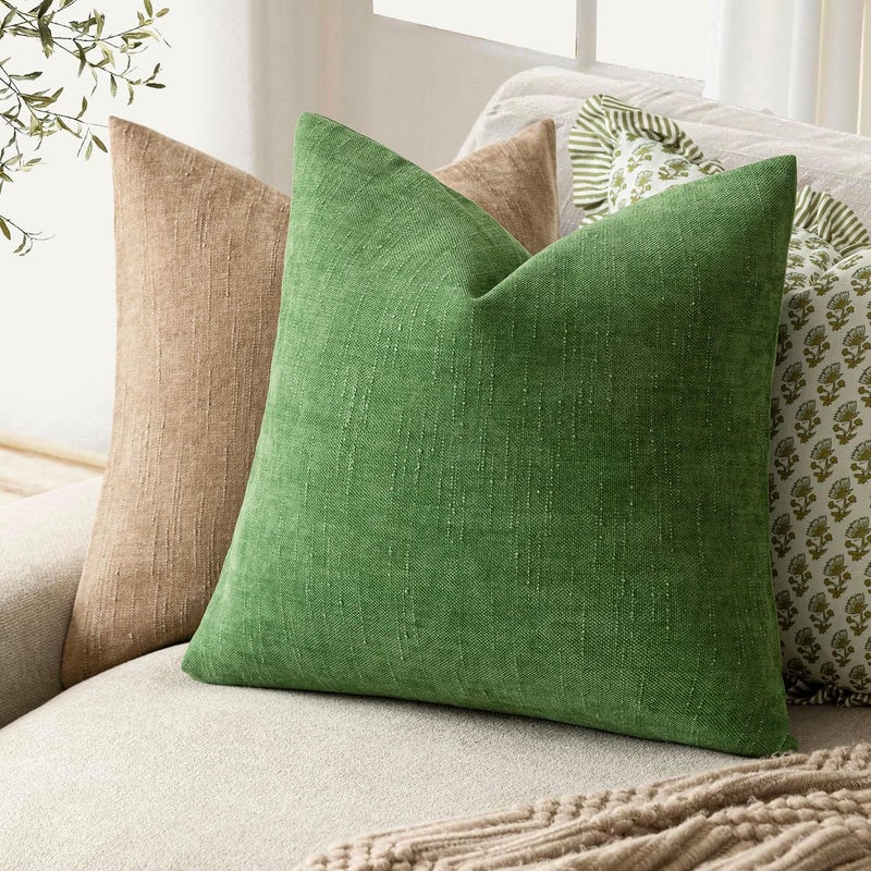 Foindtower Pack of 2 Soft Textured Chenille Throw Decorative Pillow Covers Square Accent Solid Cushion Cover Cozy Neutral Farmhouse Pillow Case for Couch Sofa Bed Living Room 26x26 Inch,Forest Green - Image 4