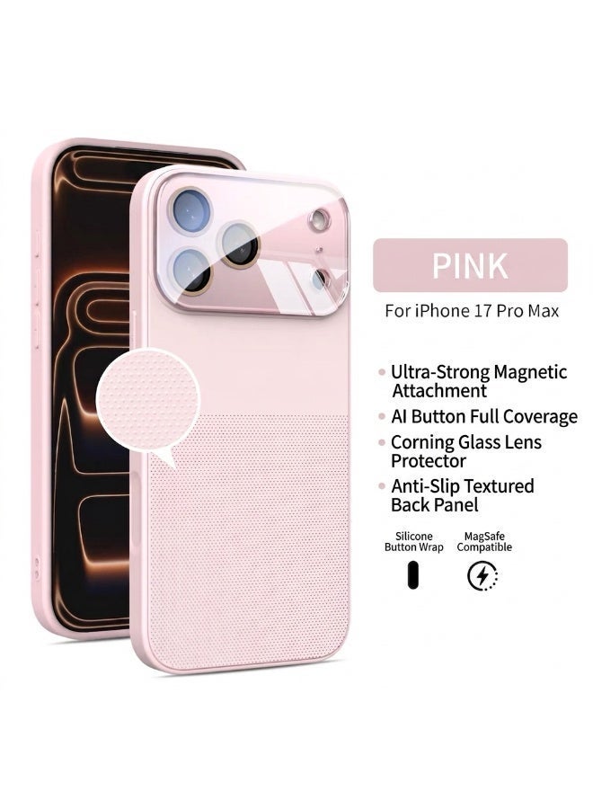 Magsafe phone case made of matte silicone, drop-resistant, suitable for the iphone 17 Pro Max, with large windows, lens, film, and comprehensive camera buttons , Anti-slip particles on the back panel - Pink - Image 1