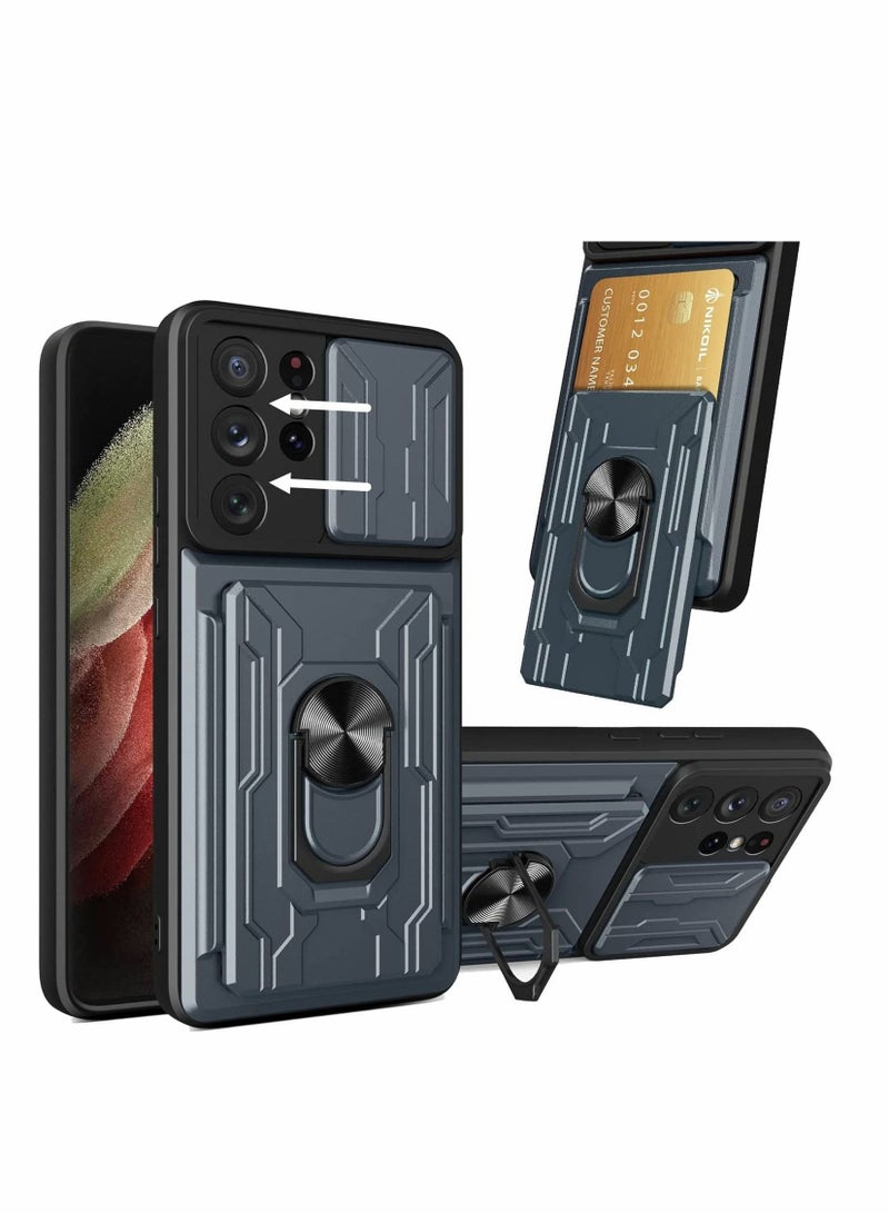 Y&D Case for Samsung Galaxy S21 Ultra 5G with Removable Kickstand Card Holder Slide Camera Cover Ring Stand Magnetic Hybrid Armor Hard Luxury Gray  - Image 2