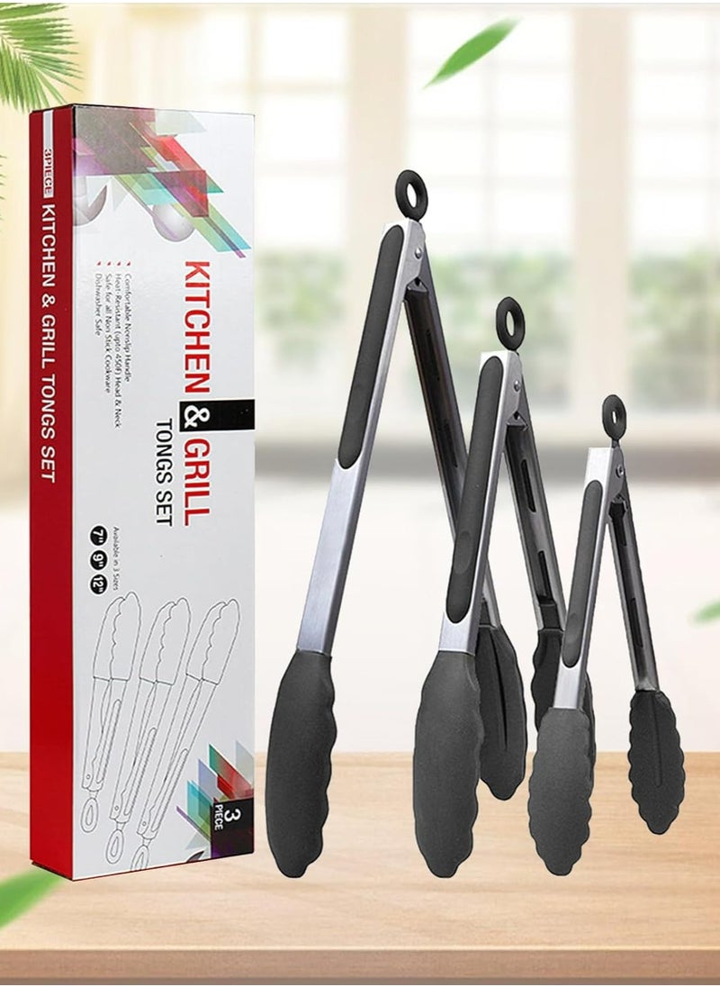 DAMAL Kitchen Cooking Tongs, Heat-Resistant Pliers with Silicone Tip Stainless Steel Handle for Cooking, Baking, Grilling, Set of 3, Includes 7,9,12 inches, Black  - Image 1