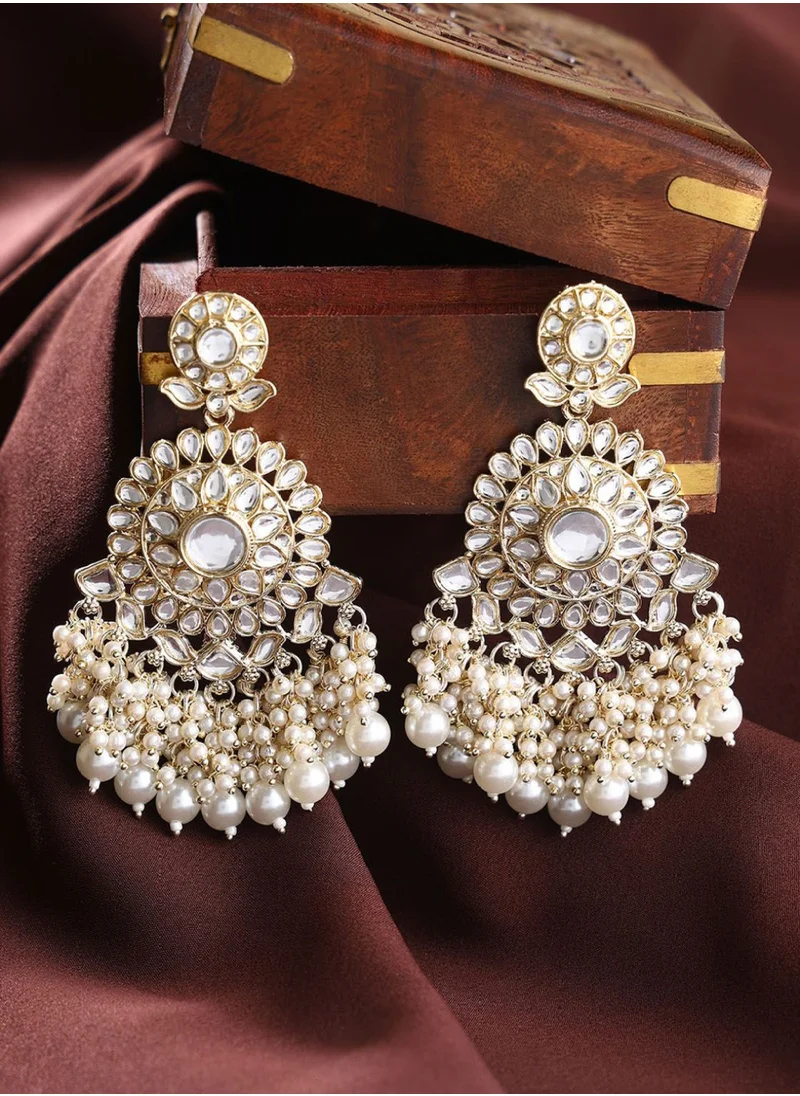 Priyaasi Kundan Stone Studded  Pearls Beaded Floral Pattern Drop Earrings