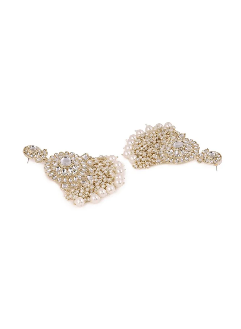 Priyaasi Kundan Stone Studded  Pearls Beaded Floral Pattern Drop Earrings