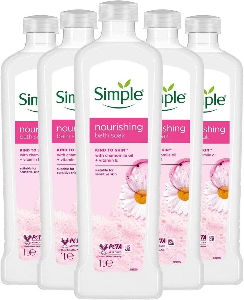 Simple Kind to Skin Nourishing Bath Soak Pack of 5 Bubble Bath for Women Soft and Hydrated Skin with ProVitamin B5 Vitamin E and Chamomile Oil for Sensitive Skin Type 1 L