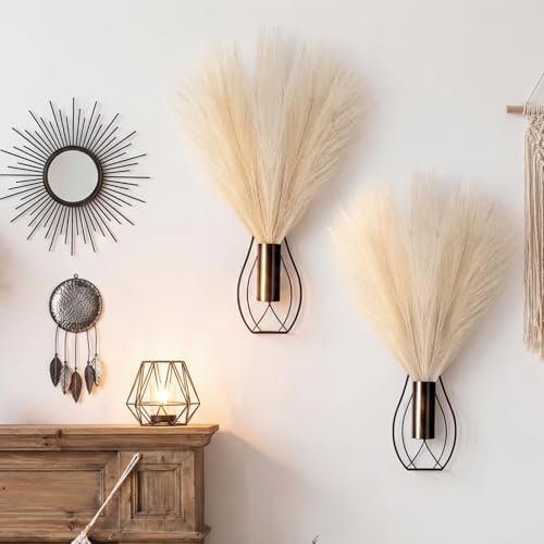 Otoolling 2 Pieces Hanging Plant Wall Decor with Artificial Pampas Grass Metal Hanging Vase Modern Geometric Farmhouse Bohemian Wall Art for Living Room Bedroom Kitchen OfficeBlack Beige - Image 1