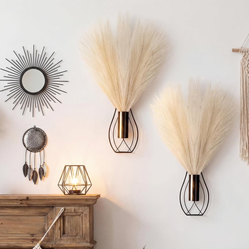 Otoolling 2 Pieces Hanging Plant Wall Decor with Artificial Pampas Grass Metal Hanging Vase Modern Geometric Farmhouse Bohemian Wall Art for Living Room Bedroom Kitchen OfficeBlack Beige - Image 2
