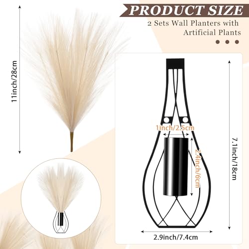 Otoolling 2 Pieces Hanging Plant Wall Decor with Artificial Pampas Grass Metal Hanging Vase Modern Geometric Farmhouse Bohemian Wall Art for Living Room Bedroom Kitchen OfficeBlack Beige - Image 3