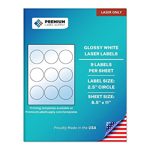 Premium Label Supply Glossy White Sticker Round Labels – 2.5" Circle – (9 per Sheet) (Glossy White for Laser Only, 90 Labels) - Image 1