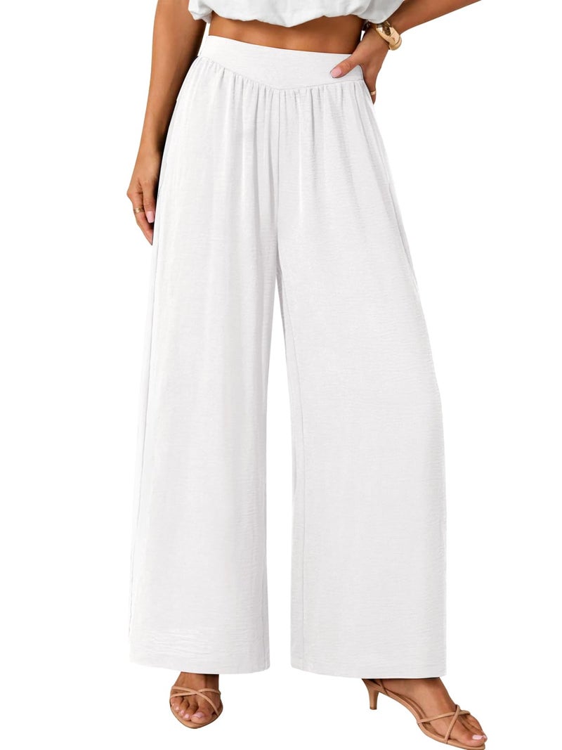 NIMIN Palazzo Pants for Women White Wide Leg Elastic High Waisted Slack 2026 Summer Flowy Beach Casual Loose Clothes Lounge Wear with Pockets - Image 2