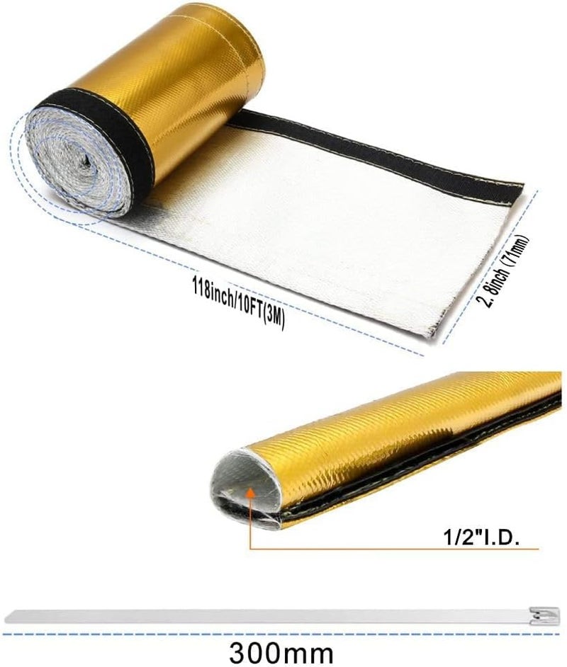 Ummickl Golden Heat Shield Sleeve Heat Shield Fuel line Wire Heat Sleeve for Ultimate Heat Protection Hose Wire Sleeving, 1/2" I.D.x 10FT with 10PCS Stainless Steel(304) Cable Metal Ties-Silver - Image 5