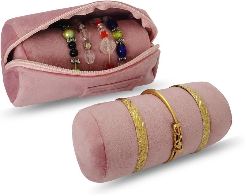 SCIKHEFT Velvet Bangle & Bracelet Organizers and Storage Small Jewelry Travel Organizer Roll, Compact Jewelry Case for Bangles, Bracelets, Watches(Pink) - Image 3