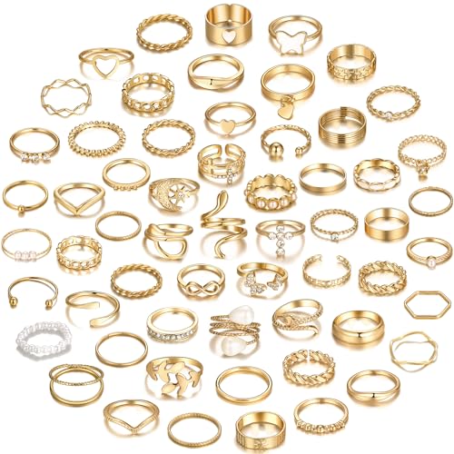 YEEZII 68 Pcs Gold Knuckle Rings Set for Women, Stackable Boho Joint Finger Midi Rings Silver Hollow Carved Crystal Stacking Ring Pack (gold-59 pcs) - Image 1