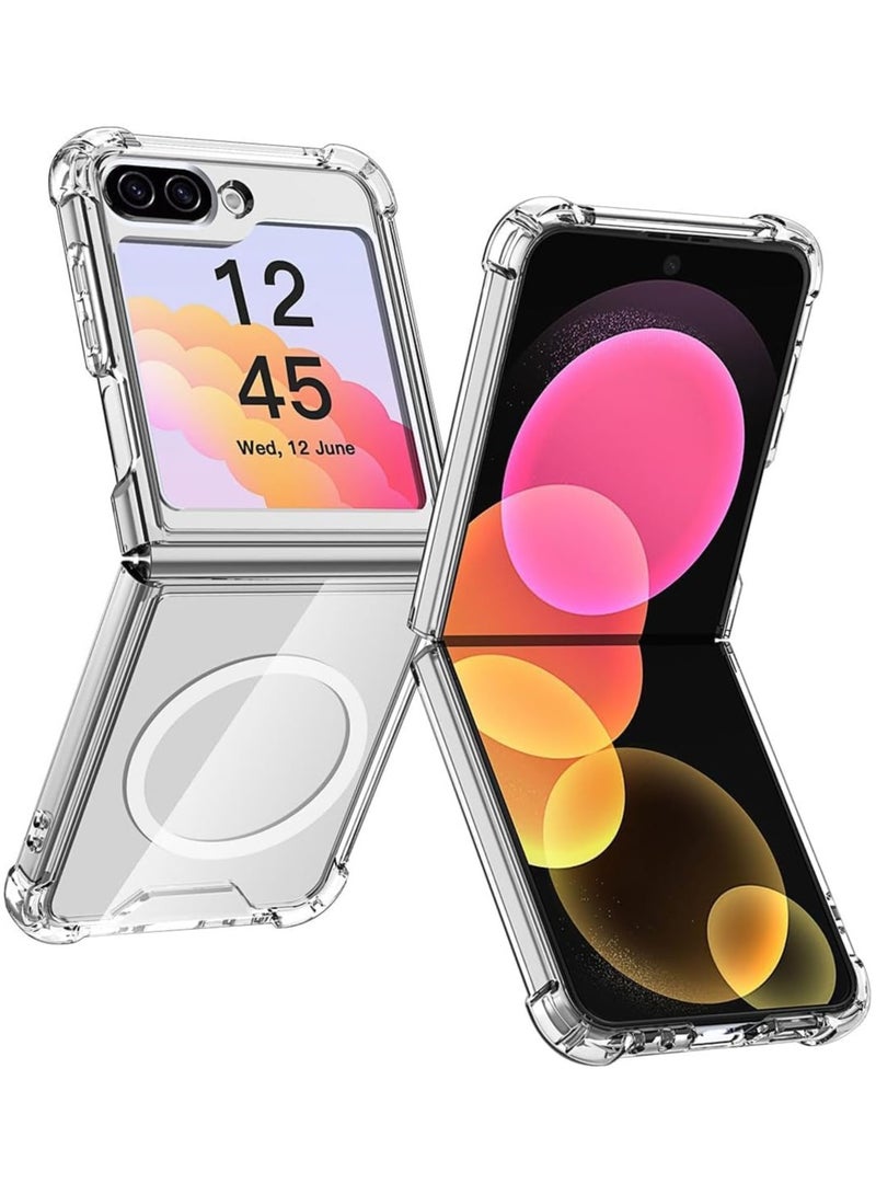 ماجنيتك جراب شفاف مغناطيسي لموبايل سامسونج جالاكسي Z فليب 6، متوافق مع محفظة بطاقات ماج سيف والشاحن اللاسلكي، جراب شفاف مضاد للصدمات والسقوط ومضاد للاصفرار (سامسونج جالاكسي Z فليب 6) - Image 1