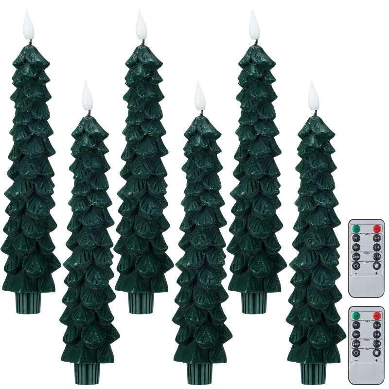Funtery 6 Pcs LED Christmas Tree Flameless Taper Candles 97 Inch Real Wax Battery Operated Candlestick Lights with 3D Flame and Remote Timer for Windows Fireplace GreenChristmas Tree