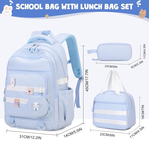 ACESAK Backpacks for Girls - 4PCS Girls Backpack with Lunch Bag & Pencil Pouch Coin Pruse for Teens Kids Elementary Middle High School College Student Bookbag Daypack (Blue) - Image 2