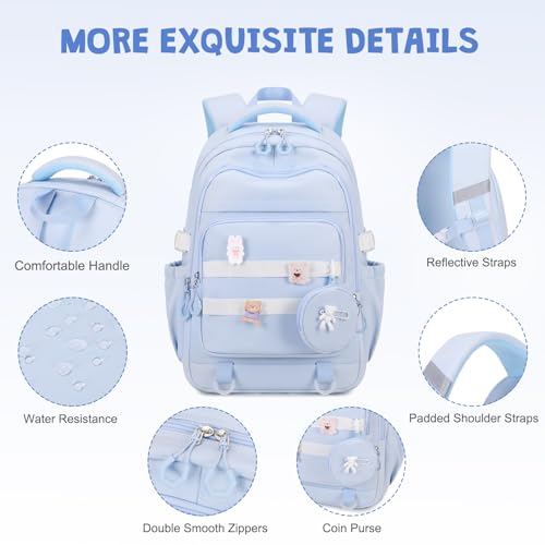 ACESAK Backpacks for Girls - 4PCS Girls Backpack with Lunch Bag & Pencil Pouch Coin Pruse for Teens Kids Elementary Middle High School College Student Bookbag Daypack (Blue) - Image 4
