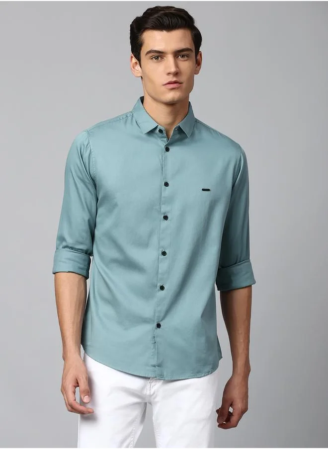 Dennis Lingo Slim Fit Dusty Teal Men's Solid Shirt, Spread Collar, Full Sleeves, 100% Cotton,
