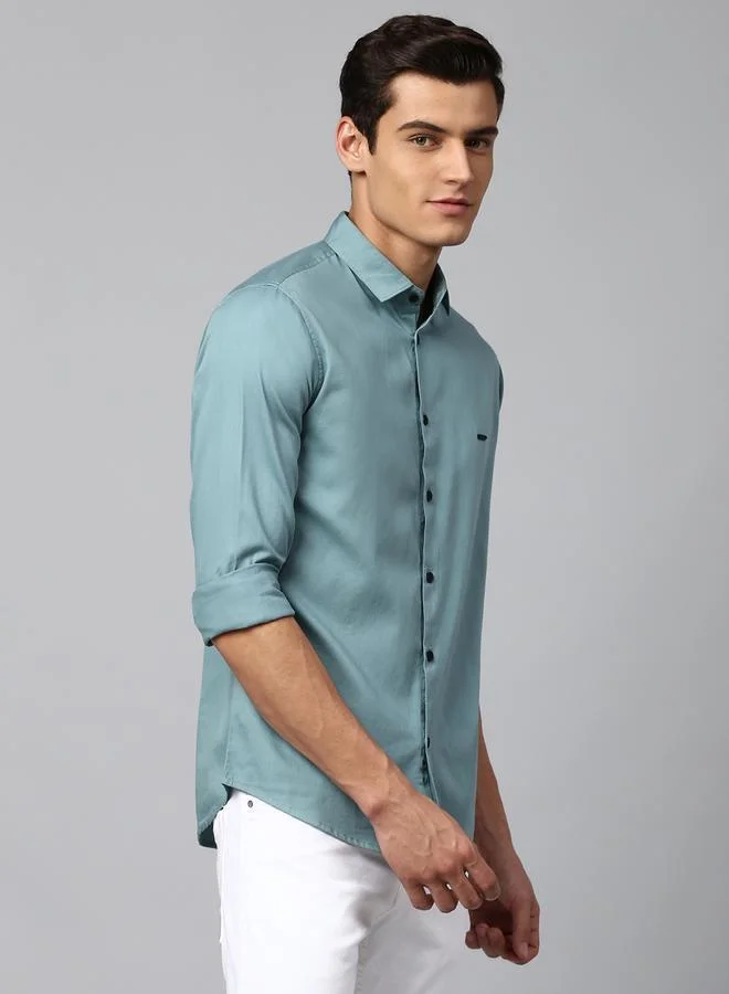 Dennis Lingo Slim Fit Dusty Teal Men's Solid Shirt, Spread Collar, Full Sleeves, 100% Cotton,