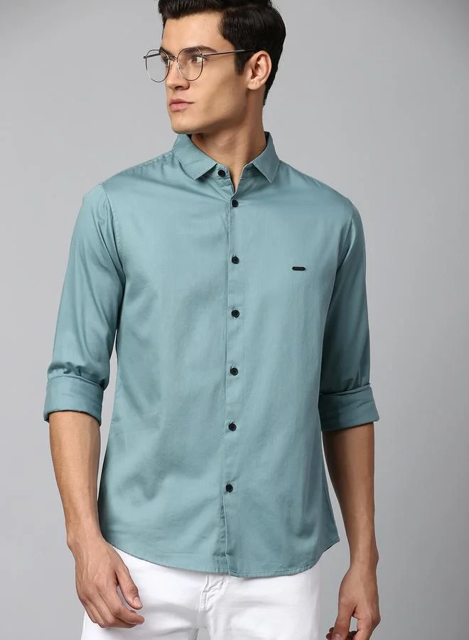 Dennis Lingo Slim Fit Dusty Teal Men's Solid Shirt, Spread Collar, Full Sleeves, 100% Cotton,