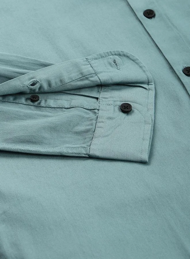 Dennis Lingo Slim Fit Dusty Teal Men's Solid Shirt, Spread Collar, Full Sleeves, 100% Cotton,