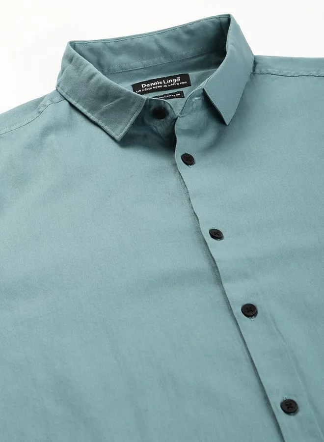 Dennis Lingo Slim Fit Dusty Teal Men's Solid Shirt, Spread Collar, Full Sleeves, 100% Cotton,