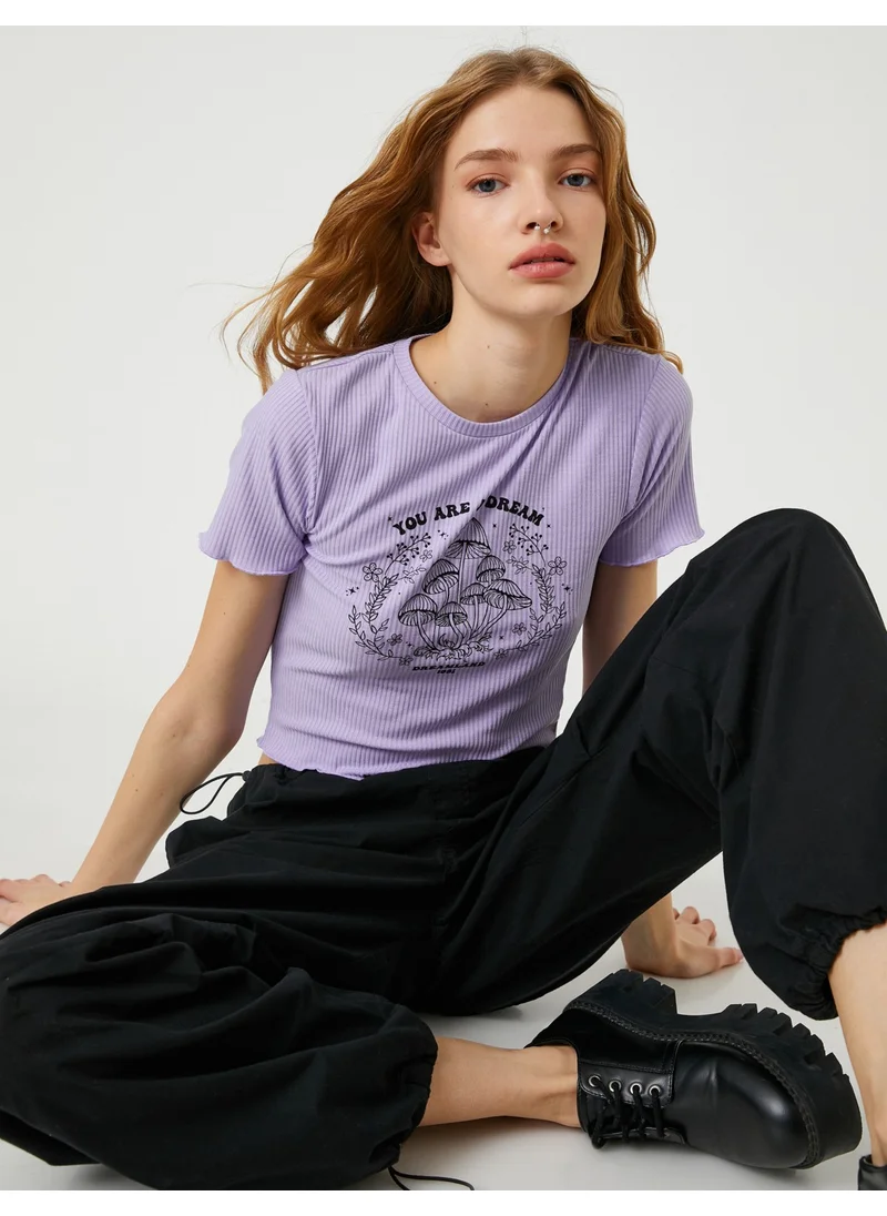 كوتون Crop T-Shirt Ribbed Printed Short Sleeve