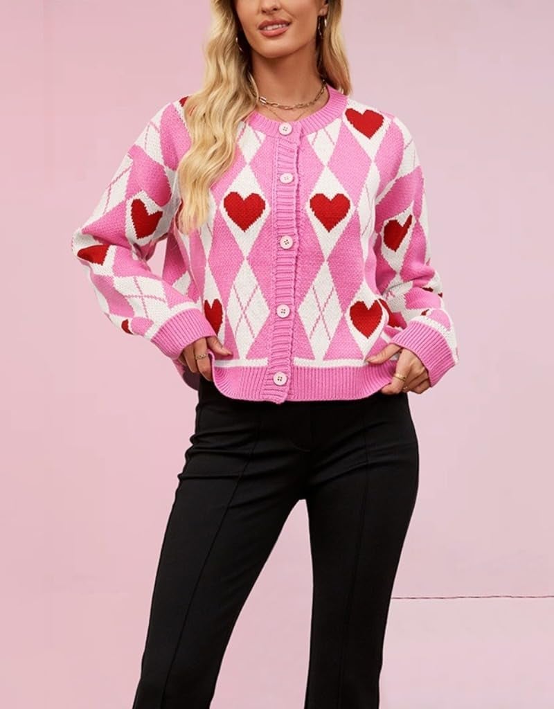 TYHOTULY Valentines Day Sweater for Women Argyle Love Heart Fall Winter Button Down Cropped Knit Preppy Cardigan Cute Clothes (Medium,Pink) - Image 3