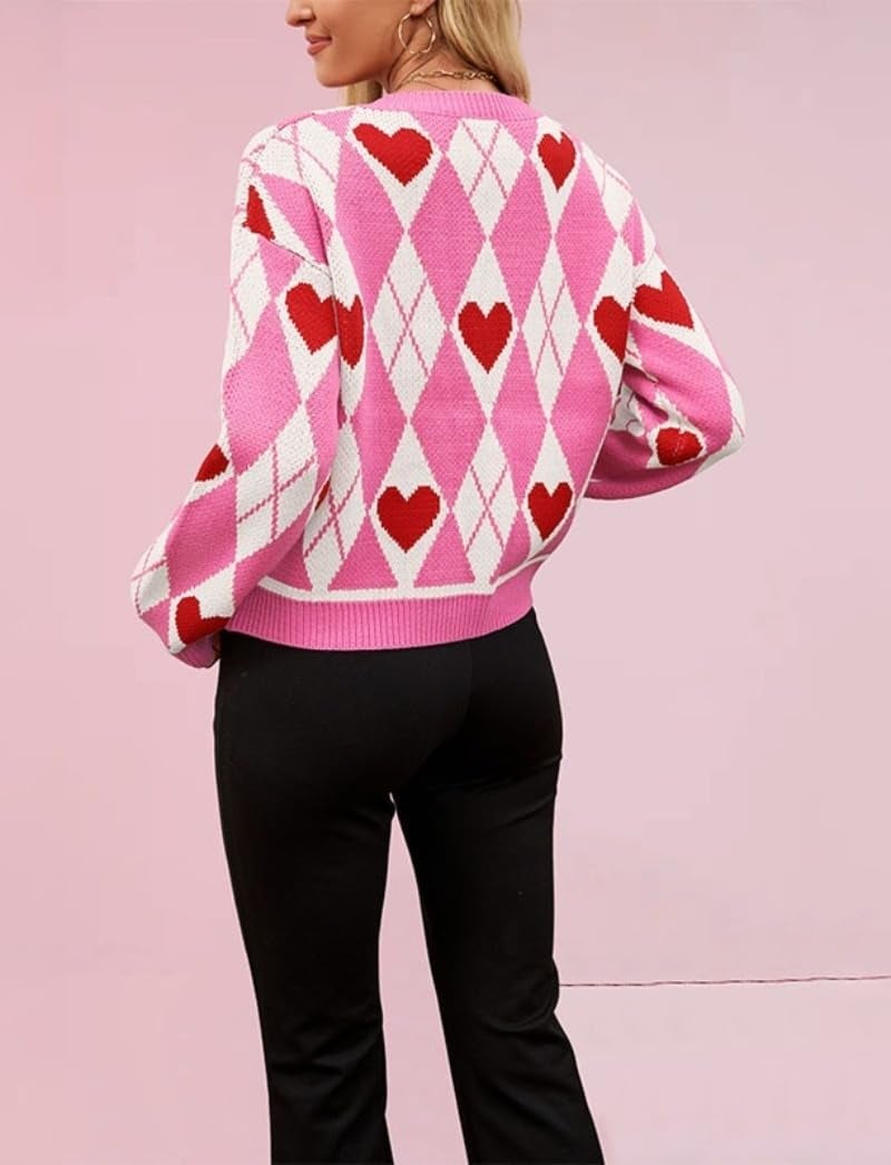 TYHOTULY Valentines Day Sweater for Women Argyle Love Heart Fall Winter Button Down Cropped Knit Preppy Cardigan Cute Clothes (Medium,Pink) - Image 4