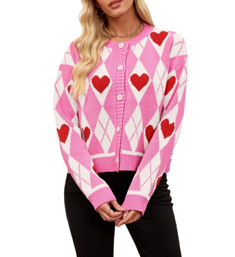 TYHOTULY Valentines Day Sweater for Women Argyle Love Heart Fall Winter Button Down Cropped Knit Preppy Cardigan Cute Clothes (Medium,Pink) - Image 1