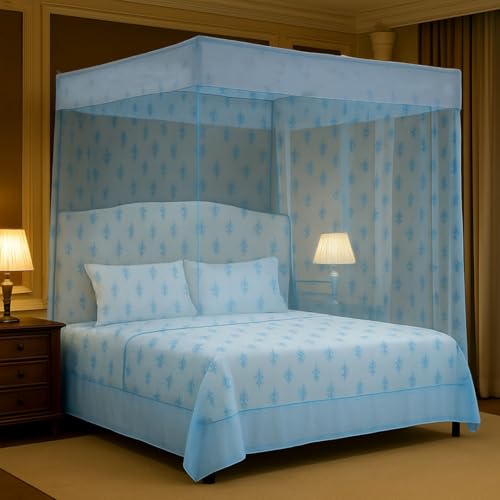 Ans Heavy Quality Mosquito Net for Double Bed (6 x 6.5 ft) | Blue Printed Net with Cotton Border | Double Stitched, Durable & Foldable Insect Protection Canopy - Image 1