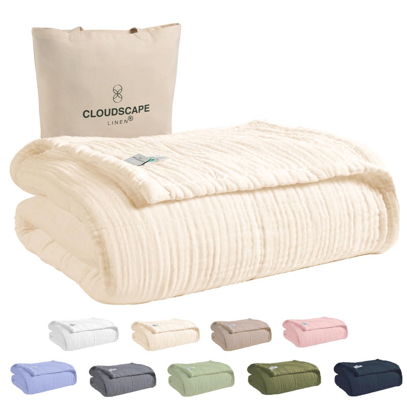 Cloud Scape Linen 100 8 Layer Cotton Muslin Blanket King Size for Adult Lightweight Breathable All Season Oversized Blanket for Bed fits California King 92x108 Ivory