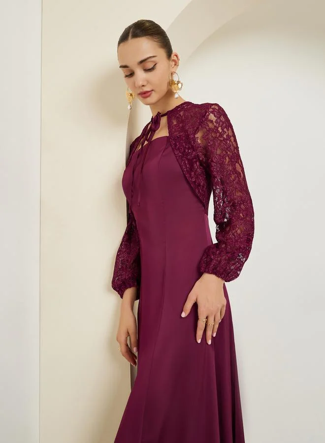 ستايلي فستان طويل بأكمام دانتيل وحافة واسعة
