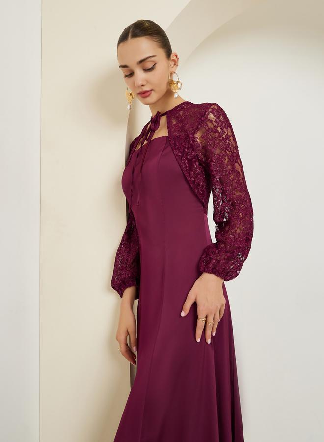 Styli Burgundy Lace Sleeves A-Line Maxi Dress - Image 1