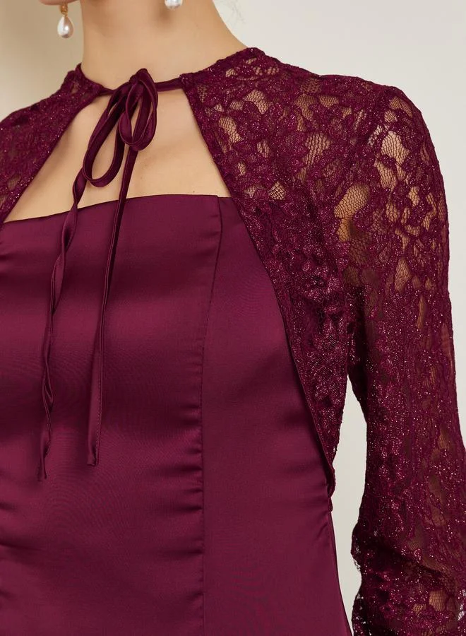 Styli  Burgundy Lace Sleeves A-Line Maxi Dress for Women | Best Price UAE