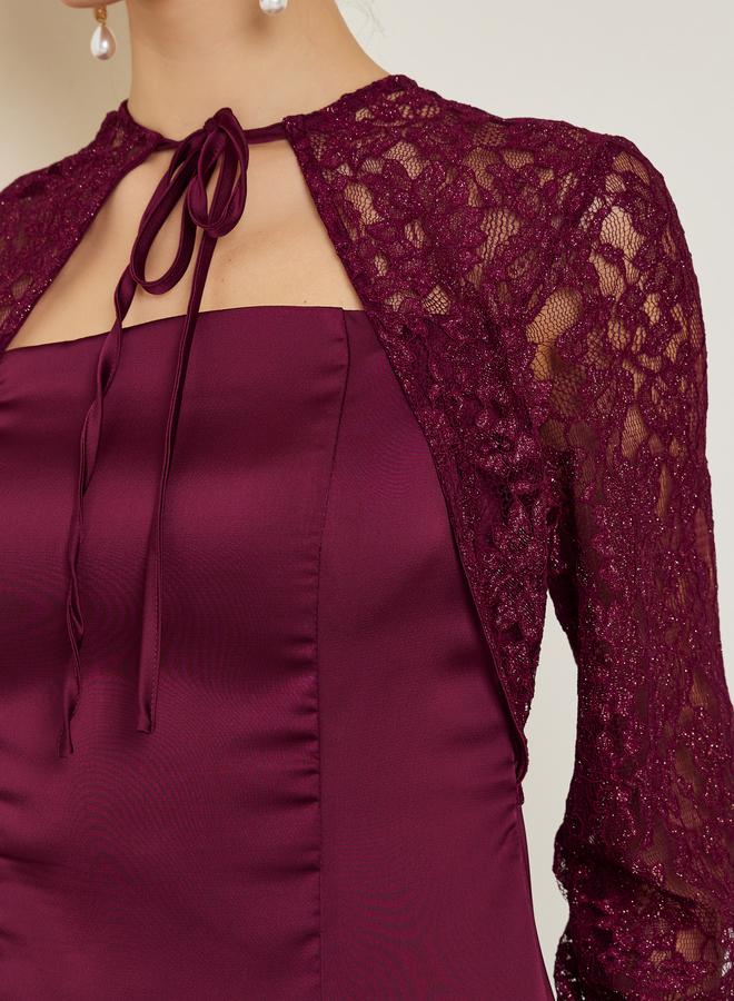 Styli Burgundy Lace Sleeves A-Line Maxi Dress - Image 4