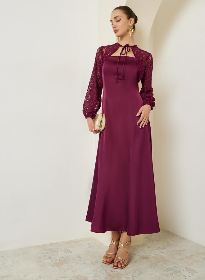 Styli Burgundy Lace Sleeves A-Line Maxi Dress - Image 3