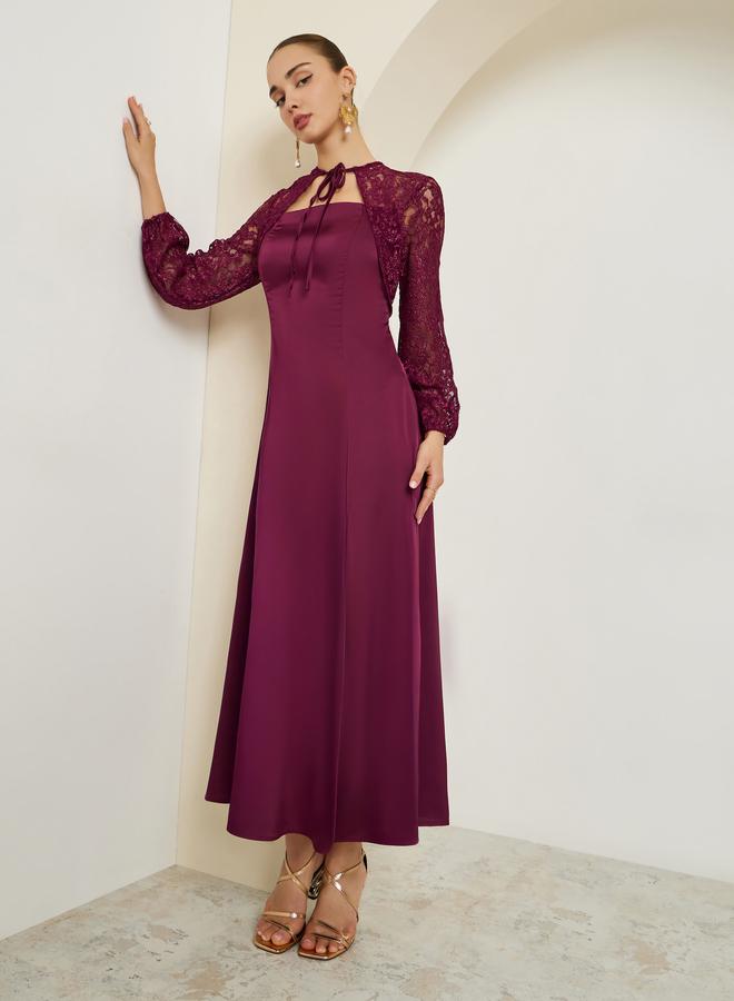 Styli Burgundy Lace Sleeves A-Line Maxi Dress - Image 2