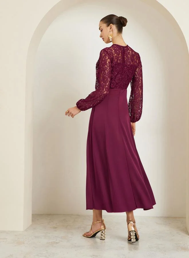 Styli  Burgundy Lace Sleeves A-Line Maxi Dress for Women | Best Price UAE