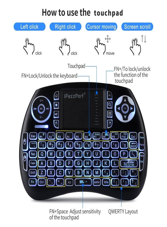 iPazzPort (Upgrade Mini Bluetooth Keyboard with Touchpad (Handheld Keyboard), Backlit Mini Wireless Keyboard with 2.4G USB Dongle for Android TV Box/FireStick/Laptop/PC 21SM - Image 4