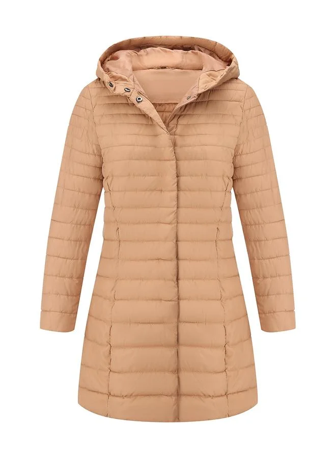 Take Two Beige Longline Puffer Coat with Hood