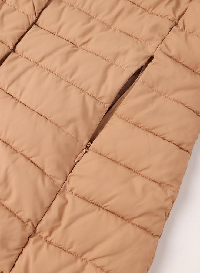 Take Two Beige Longline Puffer Coat with Hood - Image 5