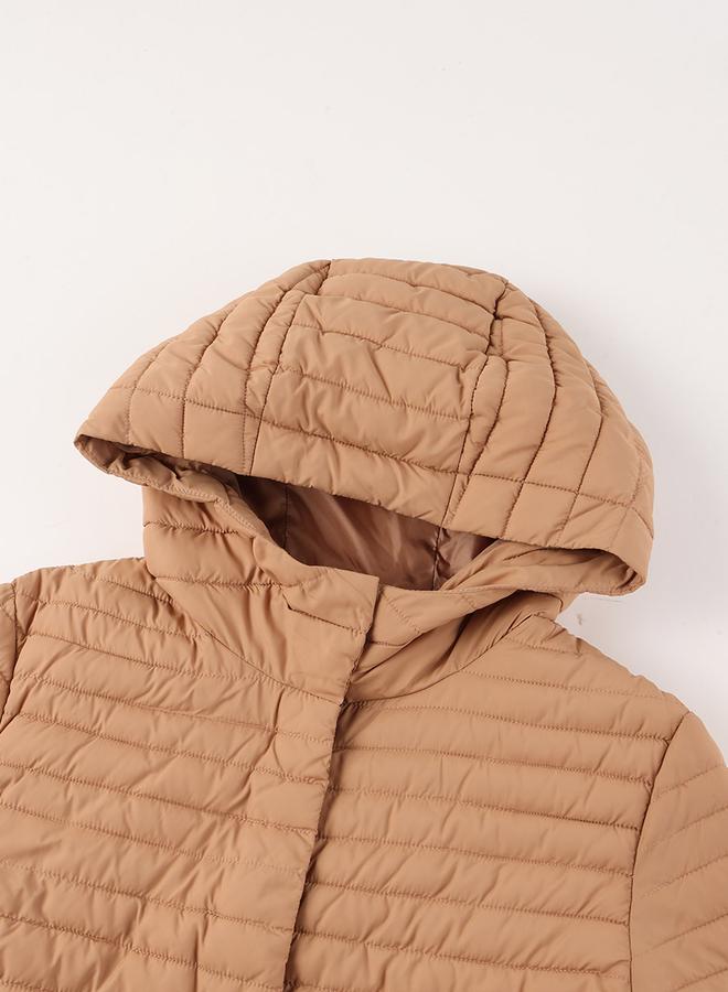 Take Two Beige Longline Puffer Coat with Hood - Image 4