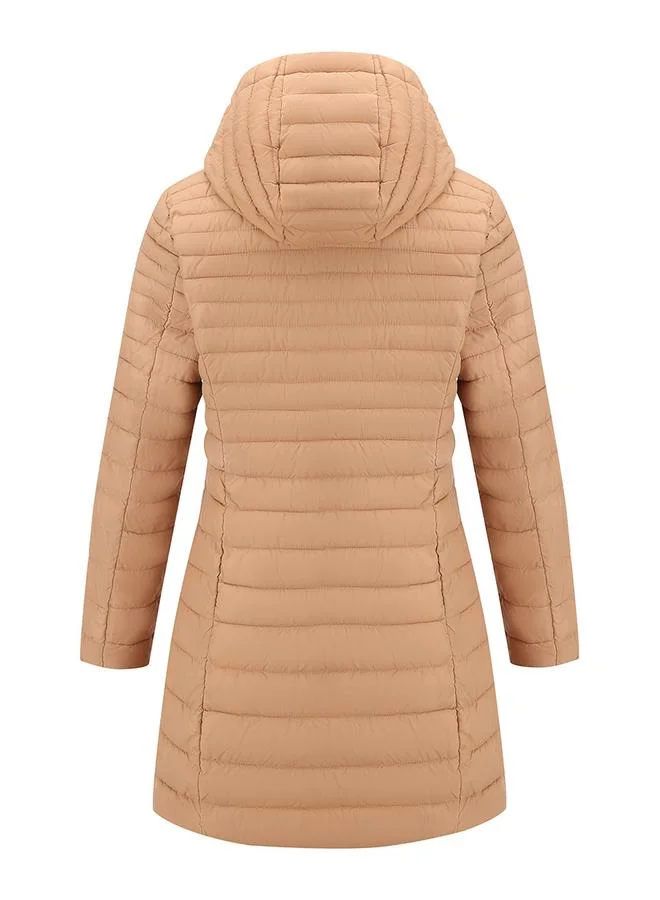 Take Two Beige Longline Puffer Coat with Hood