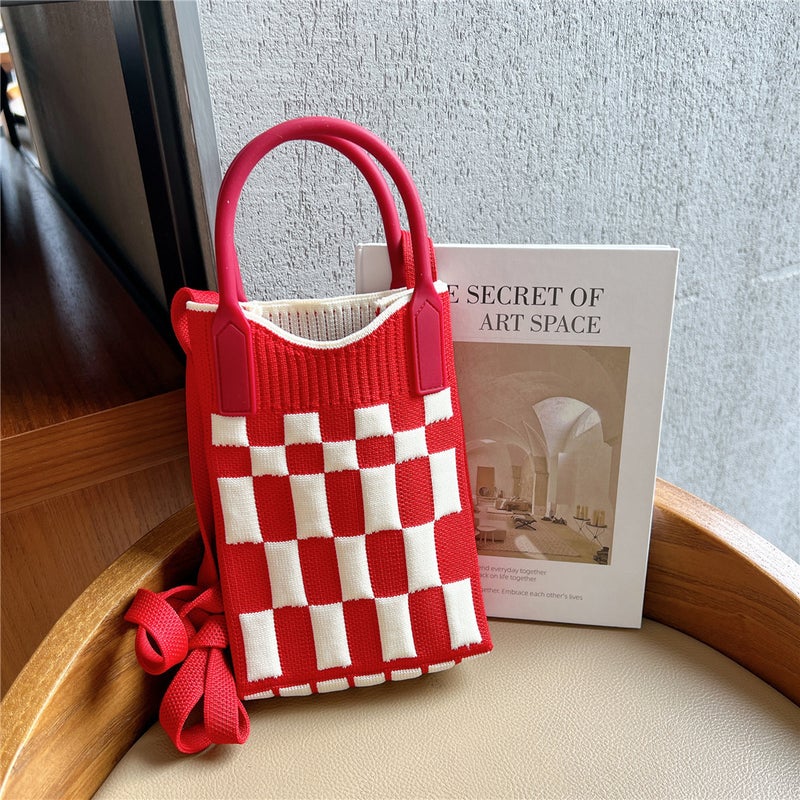 Plaid Mobile Phone Bag For Women, Cross-Body Mini Bag, Cute And Lightweight, All-Season Handbag, Knitted Bag, Portable - Image 1