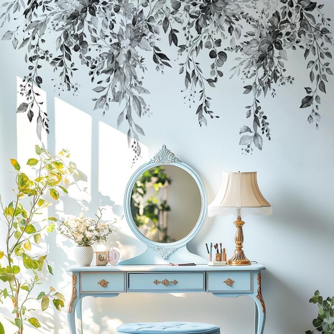 BLACK PLANTS LEAVES WALL DECALS PEEL AND STICK LARGE FLORAL FLOWERS VINYL WALL STICKERS REMOVABLE VINE HOME DECOR ART FOR BEDROOM LIVING ROOM CLASSROOM OFFICE