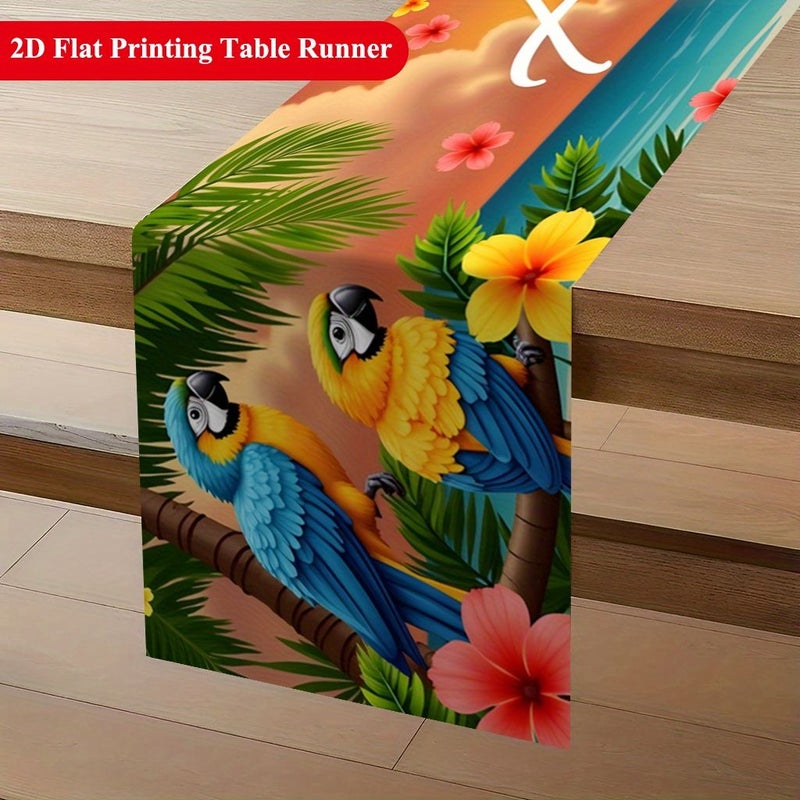 مفرش طاولة من البوليستر المتين بأبعاد 120×30 سم، بتصميم ثنائي الأبعاد لغروب الشمس والببغاء، مناسب للاستخدام الداخلي والخارجي. - Image 4