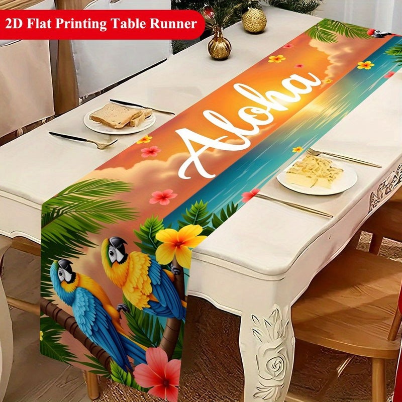 مفرش طاولة من البوليستر المتين بأبعاد 120×30 سم، بتصميم ثنائي الأبعاد لغروب الشمس والببغاء، مناسب للاستخدام الداخلي والخارجي. - Image 1