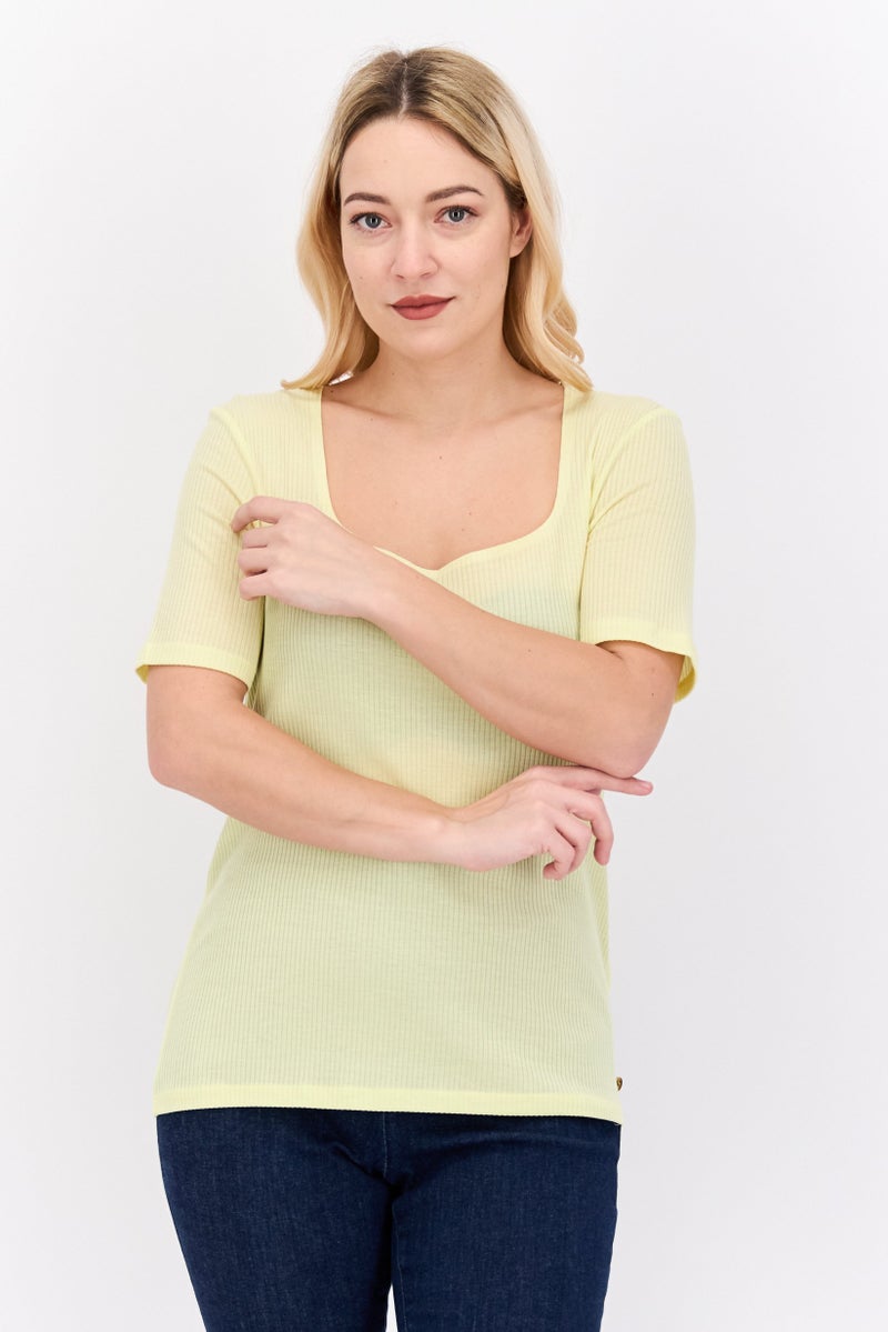 Scotch & Soda Women Square Neck Short Sleeve Ribbed Top, Yellow - Image 1