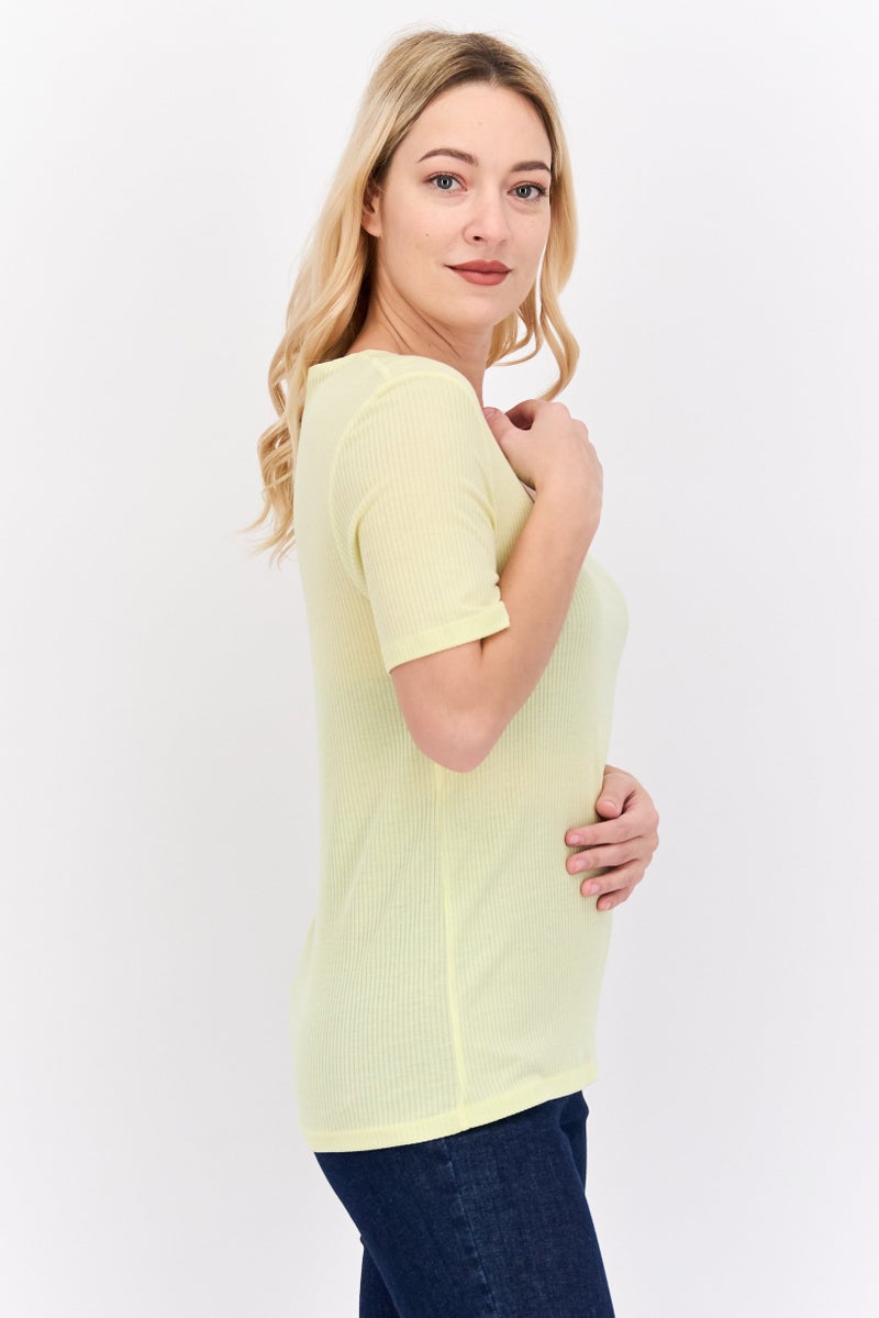 Scotch & Soda Women Square Neck Short Sleeve Ribbed Top, Yellow - Image 4