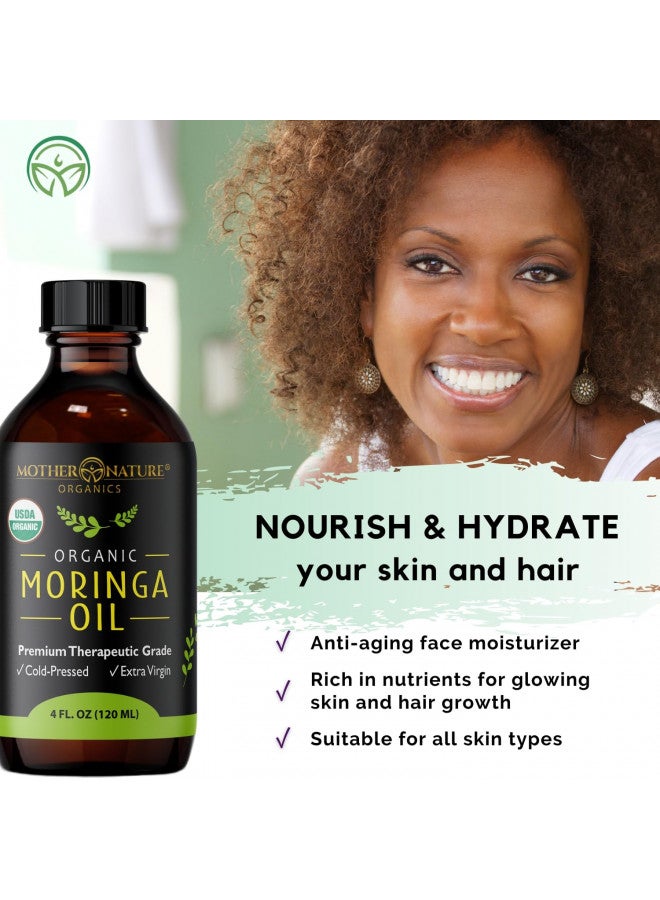 Mother Nature Organics Superfoods for Organic Living Mother Nature Moringa Oil - Premium All-Natural Face, Hair & Body Oil - USDA Certified Organic, 100% Pure, Cold-Pressed & Unrefined - Gluten-Free, Non-GMO & Vegan (4 Fl. Oz.)  - Image 4